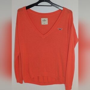 Hollister Women Orange V-Neck Sweater Long Sleeve Logo Hi-Low Size M EUC